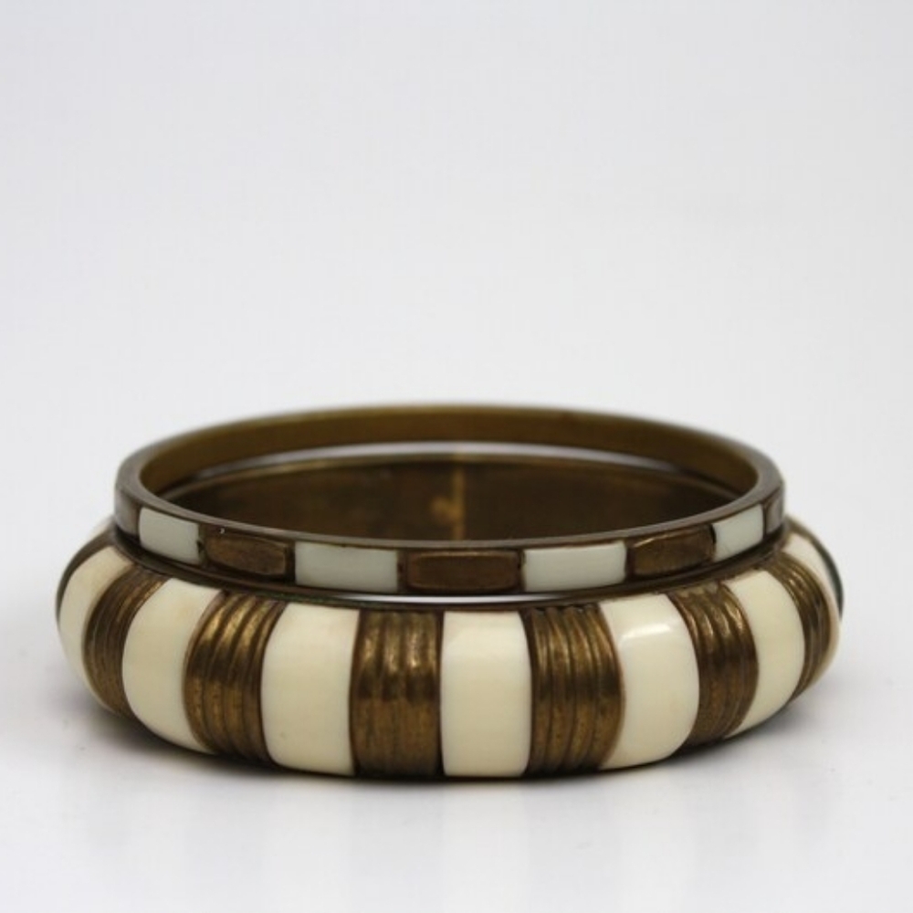 Set of 2 Vintage Brass and creamy white striped Bangles